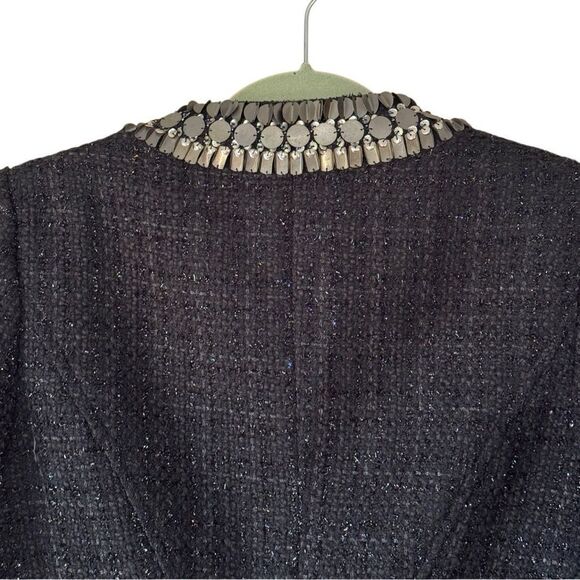 Bebe Women's Beaded Black & Gold Fitted Tweed Zip Up Blazer Size 6 - Picture 6 of 9